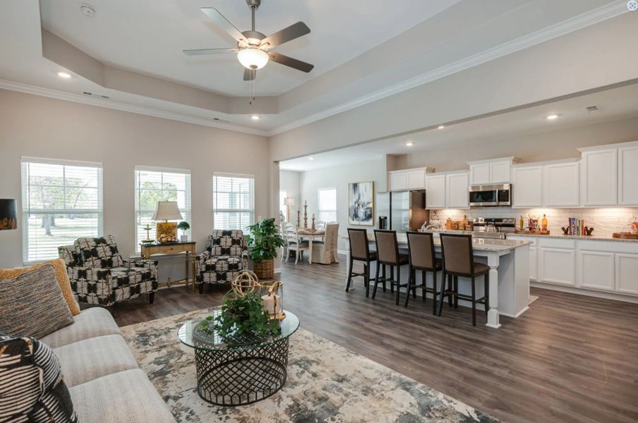 Stock Photo: Tray Ceiling in Great Room - Open Floor Plan with a large centered Island Stock Photo: Tray Ceiling in Great Room - Open Floor Plan with a large centered Island