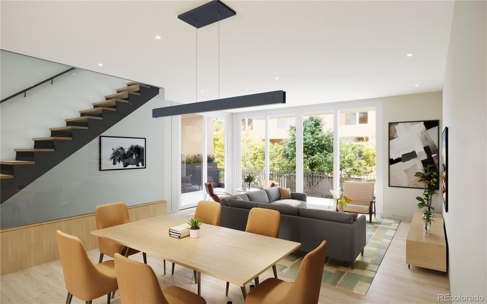 *Interior Rendering Main Level, with 10FT ceiling height on the living level, white oak floors and stunning glass wall with floating stairs!