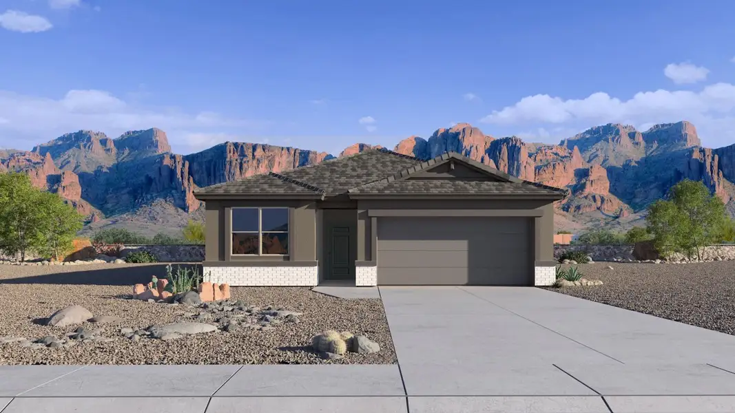 Front exterior of a new home in Radiance at Superstition Vistas, Apache Junction, AZ, highlighting curb appeal (Image 1). Front exterior of a new home in Radiance at Superstition Vistas, Apache Junction, AZ, highlighting curb appeal (Image 1).