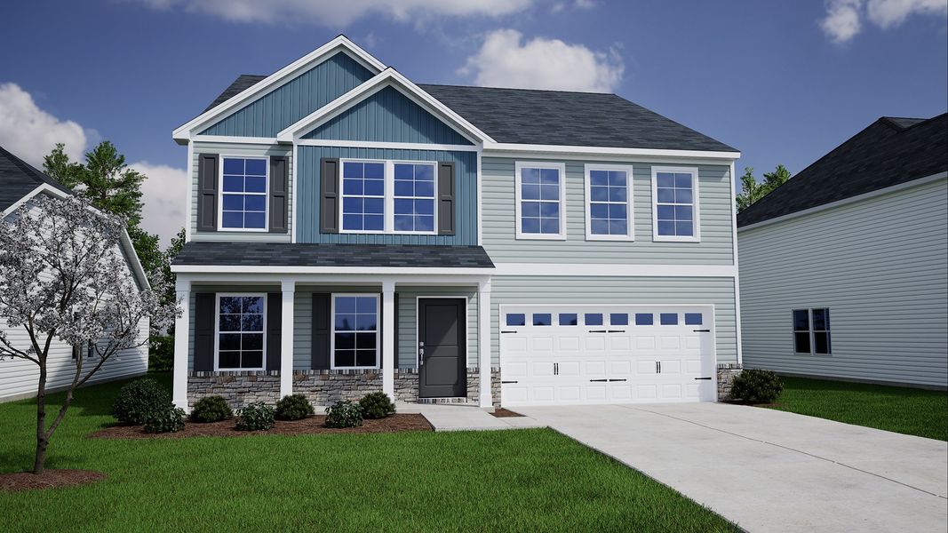 Representative exterior photo of a completed home built from the Warren - Genesis Value Collection by Mungo Homes in Meadows at Lilah Grove, Summerfield, NC (Image 11).