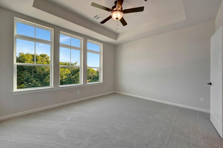 Spacious room featuring three large windows, a tray ceiling, ceiling fan with integrated lighting, and neutral carpeting