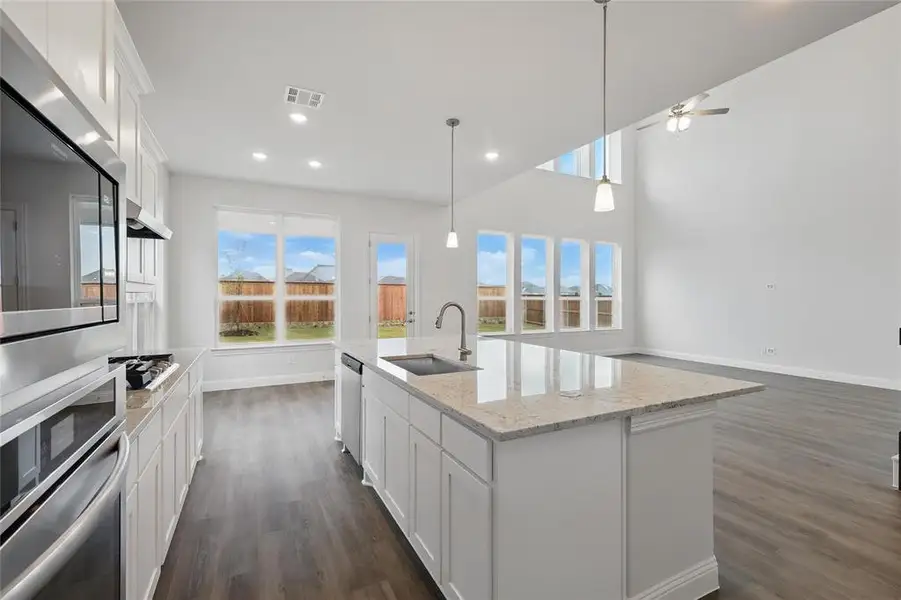 Kitchen featuring dark wood-type flooring, visible vents, a sink, and recessed lighting