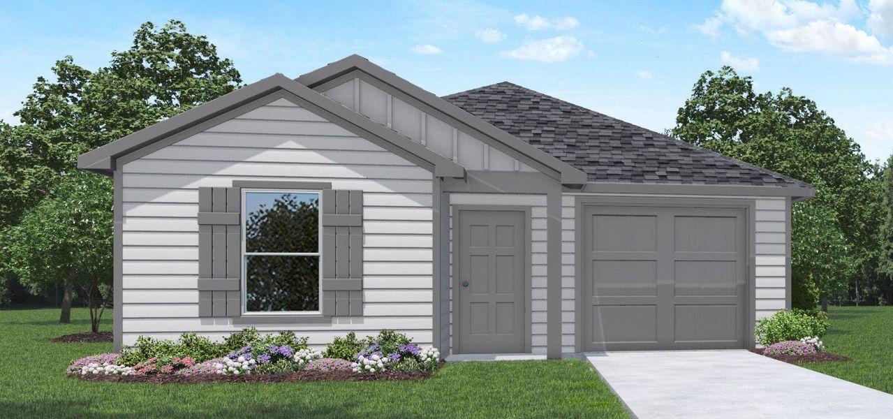 Front exterior of a new home in McCrorey Trails, Conroe, TX, highlighting curb appeal (Image 1).