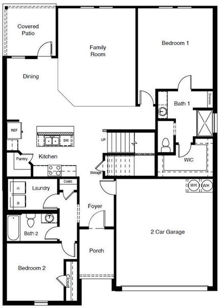 D.R. Horton's Midland floorplan, 1st floor - All Home and community information, including pricing, included features, terms, availability and amenities, are subject to change at any time without notice or obligation. All Drawings, pictures, photographs, video, square footages, floor plans, elevations, features, colors and sizes are approximate for illustration purposes only and will vary from the homes as built.