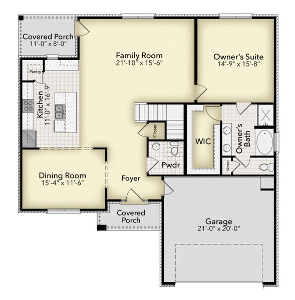 2D floor plan layout for the Plan 2500 by Adams Homes in The Bluffs at Lafayette, Freeport, FL (Image 3).