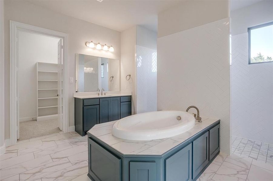 Bathroom featuring vanity and separate shower and tub