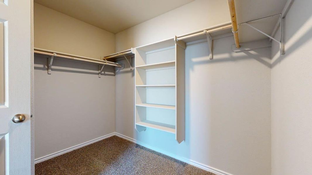 Walk-in closet featuring built-in shelving, dual hanging rods, and textured carpeting