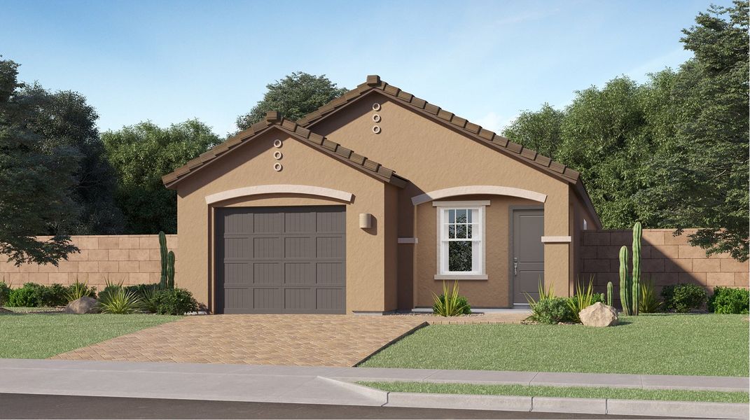 Front exterior of a new home in Western Garden, Phoenix, AZ, highlighting curb appeal (Image 1). Front exterior of a new home in Western Garden, Phoenix, AZ, highlighting curb appeal (Image 1).
