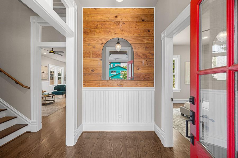 Ovid offers the ideal blend of new construction with historic accents such as this shiplap wall in the entry. Ovid offers the ideal blend of new construction with historic accents such as this shiplap wall in the entry.