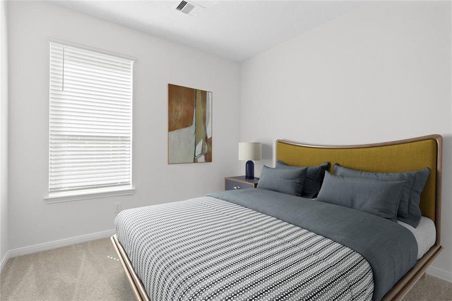 Secondary bedroom features plush carpet, and a large window with privacy blinds.