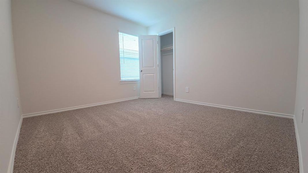 Carpeted room featuring a neutral color palette, window with blinds, and a closet with a bi-fold door