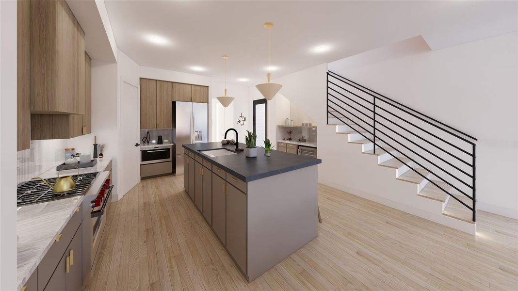 This gourmet kitchen also features a dry bar with wine cooler and gorgeous designer finishes. This gourmet kitchen also features a dry bar with wine cooler and gorgeous designer finishes.