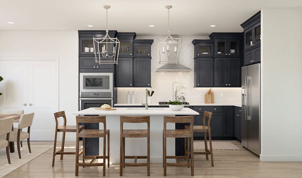 Kitchen with pendant lighting and glass upper cabinets