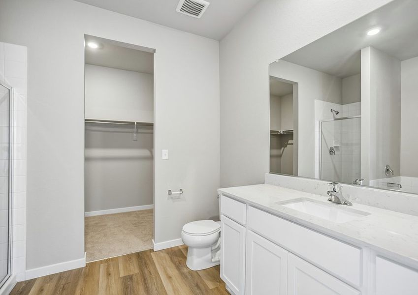 The master bath has a large vanity and a step in shower and soaking tub.