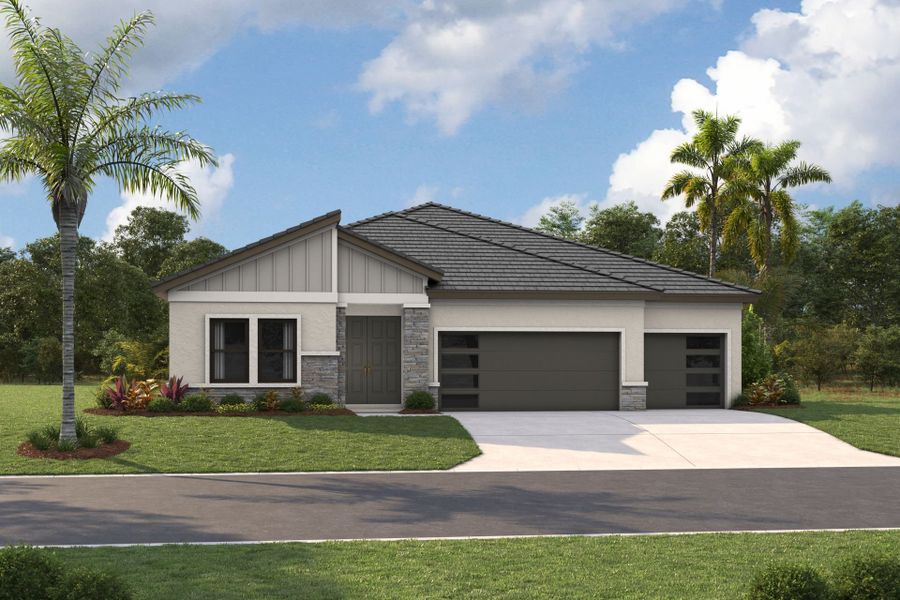 Representative exterior photo of a completed home built from the Biscayne by Homes by WestBay in Two Rivers, Zephyrhills, FL (Image 12).