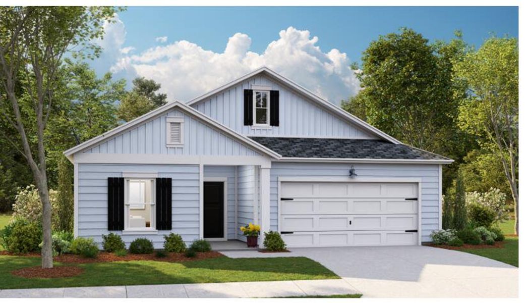 Front exterior of a new home in Horizons at Carnes Crossroads | 55+, Summerville, SC, highlighting curb appeal (Image 1). Front exterior of a new home in Horizons at Carnes Crossroads | 55+, Summerville, SC, highlighting curb appeal (Image 1).