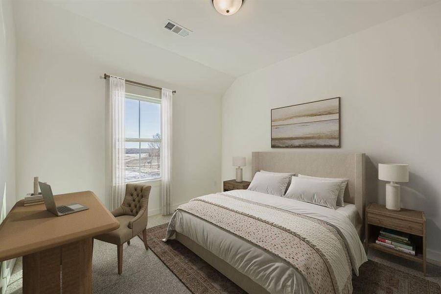 Virtually staged photo - Carpeted bedroom with vaulted ceiling and baseboards
