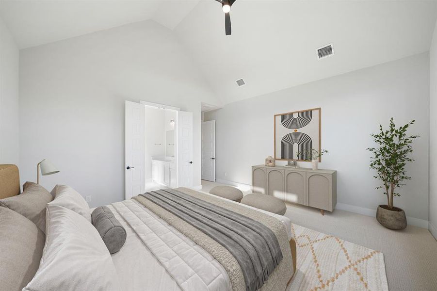 Carpeted bedroom featuring high vaulted ceiling, a ceiling fan, and connected bathroom Carpeted bedroom featuring high vaulted ceiling, a ceiling fan, and connected bathroom