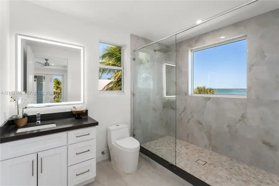 Bathroom featuring a white vanity with a dark countertop, an illuminated mirror, a glass-enclosed shower with large-format tile surround, and an integrated window Bathroom featuring a white vanity with a dark countertop, an illuminated mirror, a glass-enclosed shower with large-format tile surround, and an integrated window