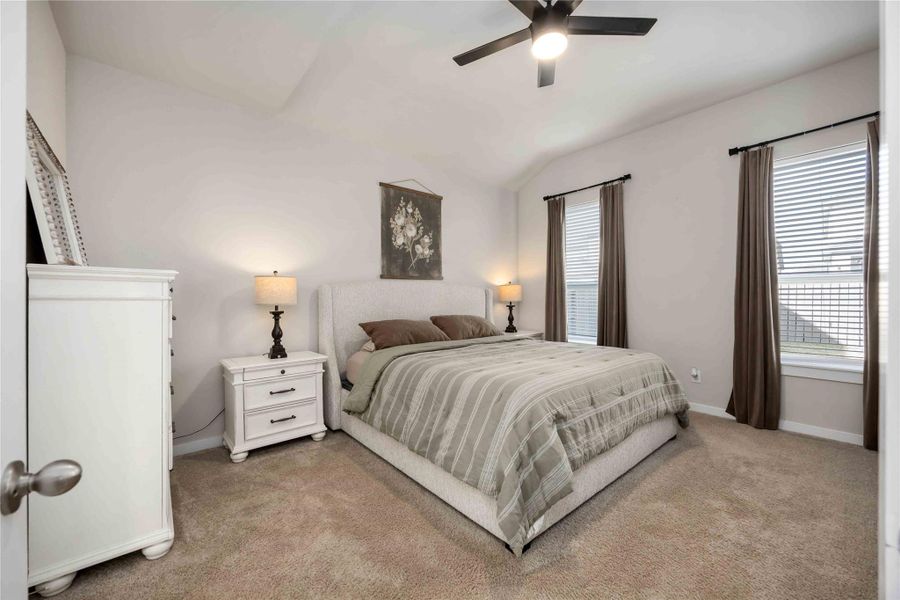 First-floor primary bedroom with tray ceiling and backyard views. First-floor primary bedroom with tray ceiling and backyard views.