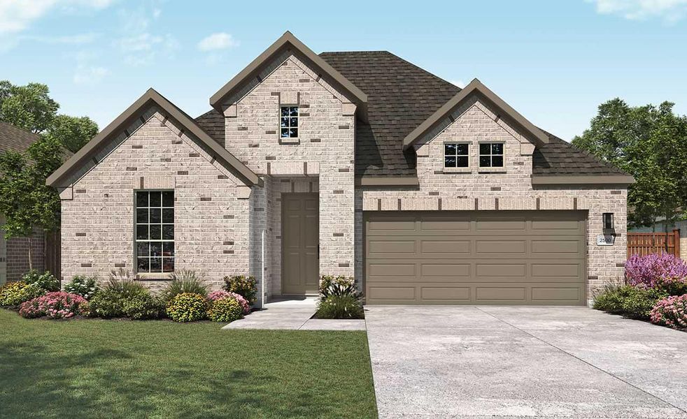 French country inspired facade featuring a front yard, driveway, an attached garage, a shingled roof, and brick siding