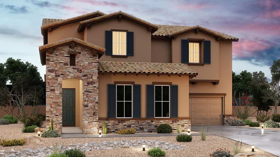 Representative exterior photo of a completed home built from the Sienna by DRB Homes in Sycamore Farms, Surprise, AZ (Image 5).