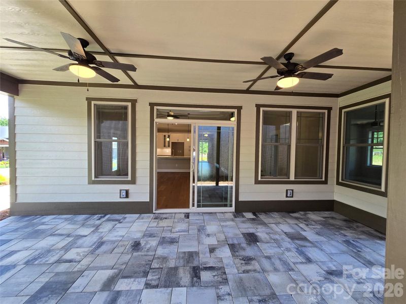Covered Back Patio with 2 Fans and Brick Pavers Covered Back Patio with 2 Fans and Brick Pavers