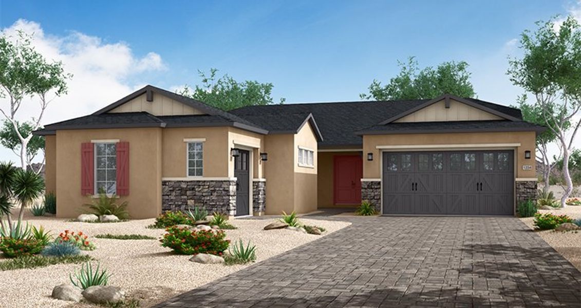 Front exterior of a new home in Summit at The Dells, Prescott, AZ, highlighting curb appeal (Image 24).