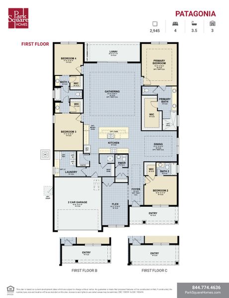 2D floor plan layout for the Patagonia by Park Square Residential in Tamarack at Two Rivers, Zephyrhills, FL (Image 3).