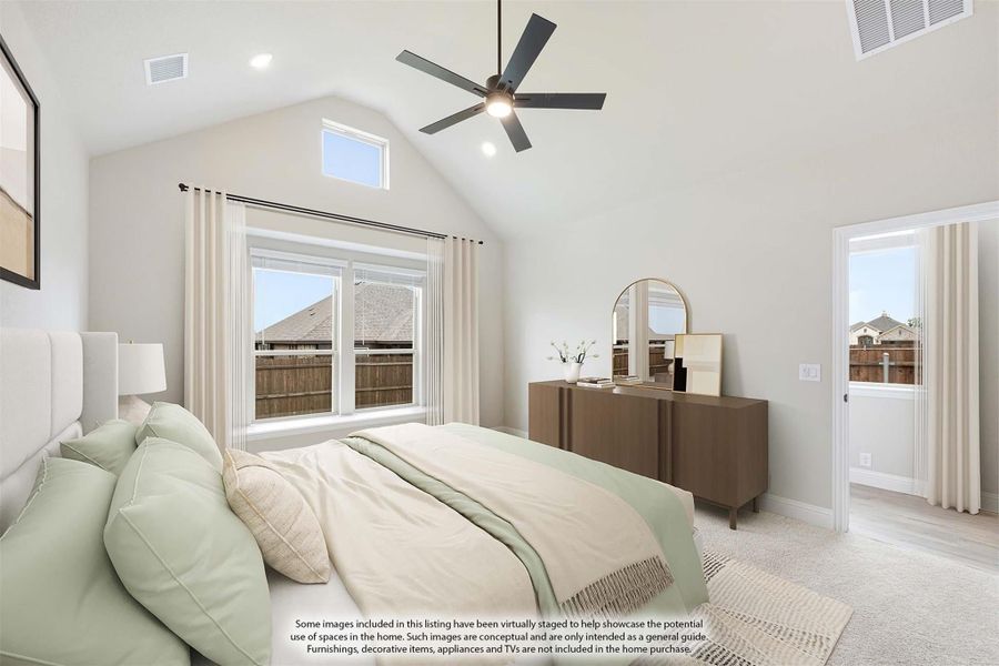 Bedroom with vaulted ceiling, ceiling fan, large windows, and wood dresser with mirror