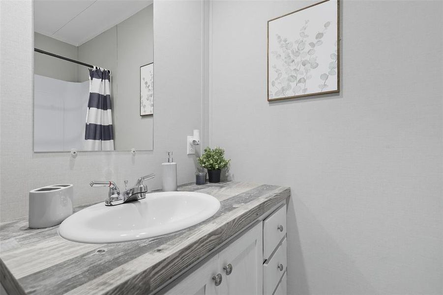 Bathroom featuring vanity and curtained shower Bathroom featuring vanity and curtained shower