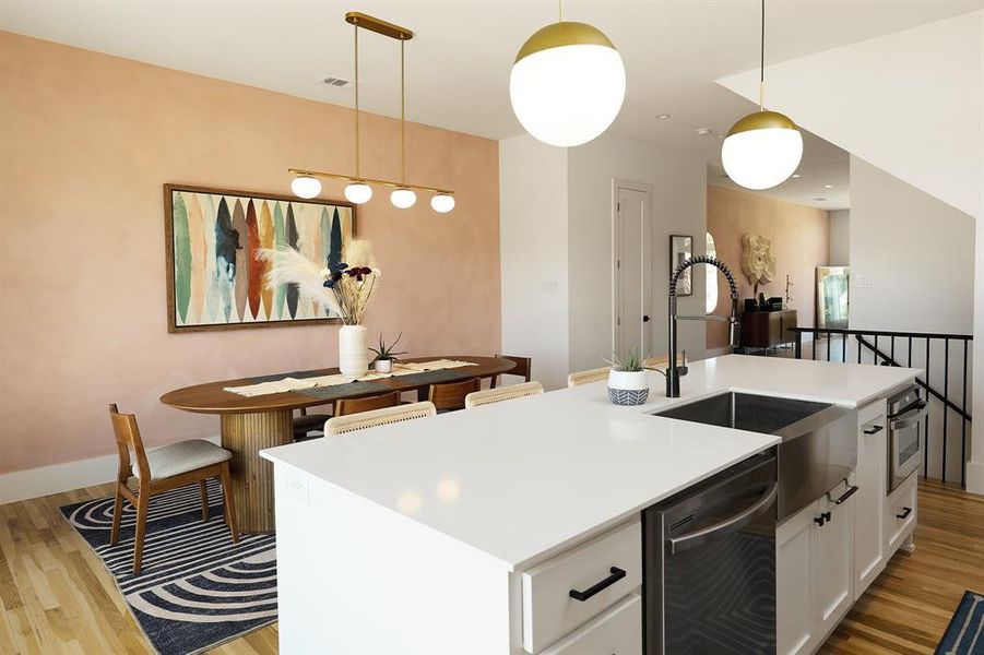 Basin sink and inset microwave allow an easy to use area with plenty of sitting room or prep space