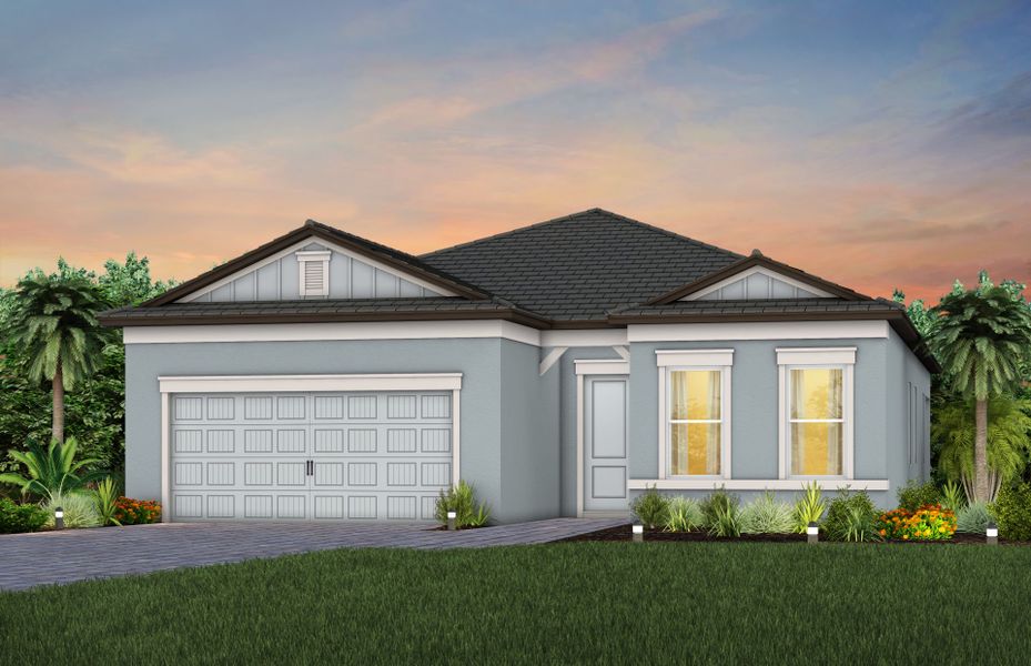 Representative exterior photo of a completed home built from the Mystique by Del Webb in Del Webb Explore North River Ranch, Parrish, FL (Image 23). Representative exterior photo of a completed home built from the Mystique by Del Webb in Del Webb Explore North River Ranch, Parrish, FL (Image 23).