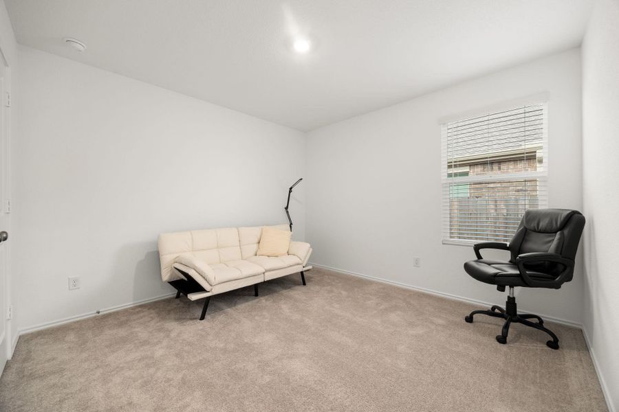 A well-lit bedroom features plush carpeting and a bright window with horizontal blinds.