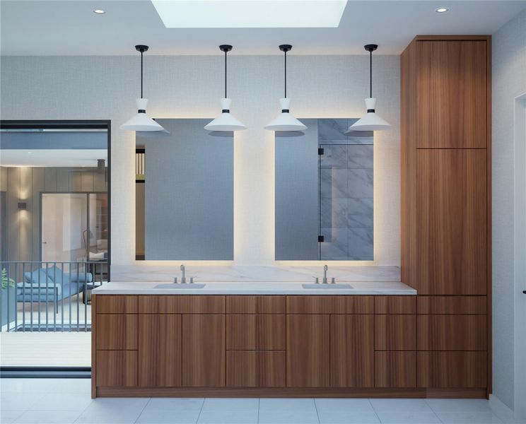 Kitchen with brown cabinets, modern cabinets, a skylight, decorative light fixtures, and recessed lighting