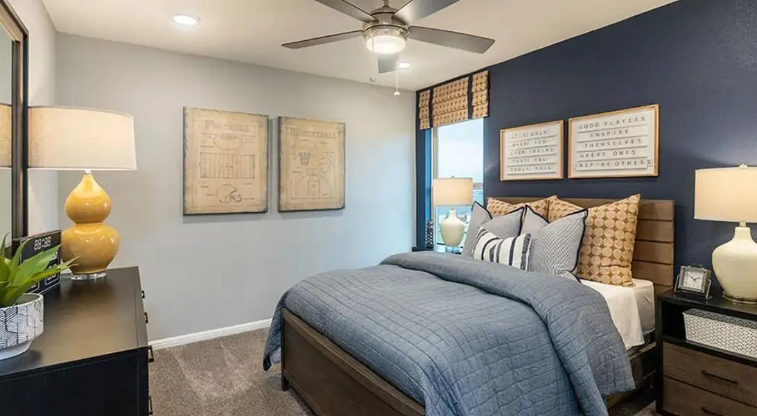 Bedroom featuring dark colored carpet, a ceiling fan, and recessed lighting