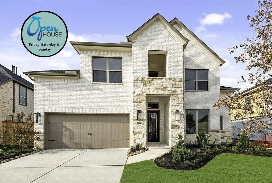 View of front facade featuring brick siding, concrete driveway, an attached garage, stone siding, and a front lawn View of front facade featuring brick siding, concrete driveway, an attached garage, stone siding, and a front lawn