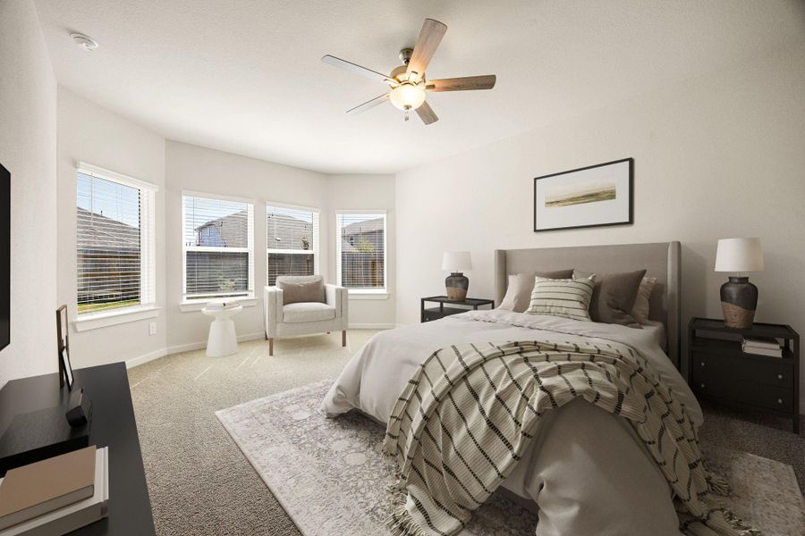 What a wonderful place to come home to, this stunning primary suite greets you with plush carpet flooring, custom neutral-tone paint, high ceiling, ceiling fan with lighting, lovely windows with blinds allowing in natural light brightening up this spacious primary bedroom, with extra space for a seating area. *Virtually Staged What a wonderful place to come home to, this stunning primary suite greets you with plush carpet flooring, custom neutral-tone paint, high ceiling, ceiling fan with lighting, lovely windows with blinds allowing in natural light brightening up this spacious primary bedroom, with extra space for a seating area. *Virtually Staged