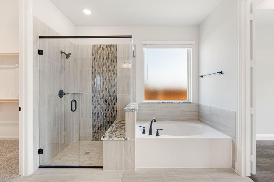 Master bathroom with glass-enclosed walk-in shower, soaking tub, and mosaic tile accent wall Master bathroom with glass-enclosed walk-in shower, soaking tub, and mosaic tile accent wall
