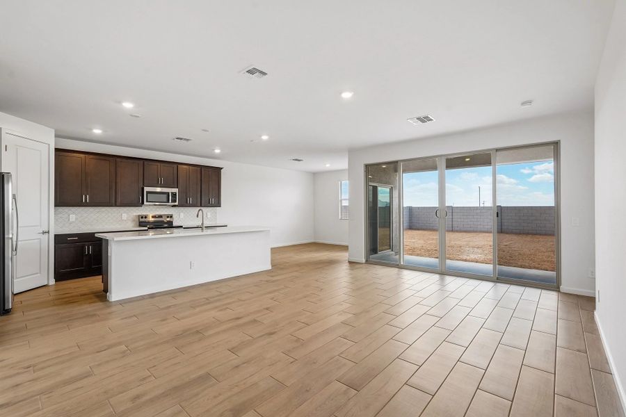 Great room, kitchen and dining