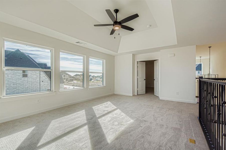 Unfurnished bedroom featuring multiple windows, a tray ceiling, and light colored carpet Unfurnished bedroom featuring multiple windows, a tray ceiling, and light colored carpet