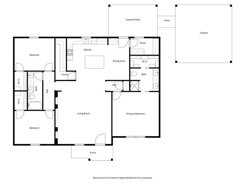 This floor plan features a spacious layout with a large living room, kitchen with dining area, and three bedrooms. The primary bedroom includes a walk-in closet and en-suite bath. There's an additional bath, a covered patio, and a carport. The design also includes a pantry and utility room for convenience.