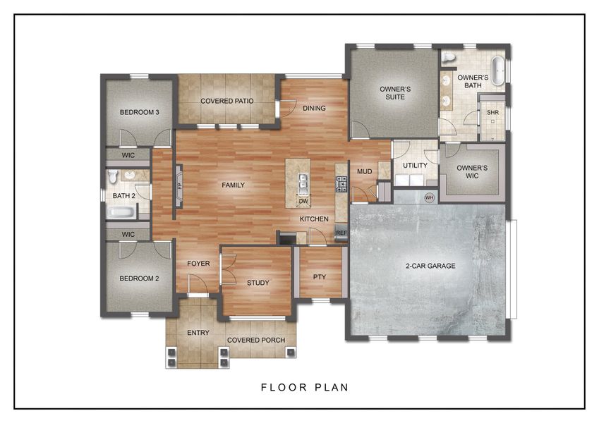 2D floor plan layout for the The Daisy by Kenmark Homes in Taylor Ranch, Springtown, TX (Image 3). 2D floor plan layout for the The Daisy by Kenmark Homes in Taylor Ranch, Springtown, TX (Image 3).