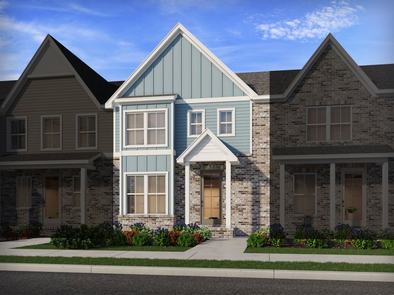 Front exterior of a new home in Greystone - Vista Townhomes, Smyrna, TN, highlighting curb appeal (Image 1). Front exterior of a new home in Greystone - Vista Townhomes, Smyrna, TN, highlighting curb appeal (Image 1).