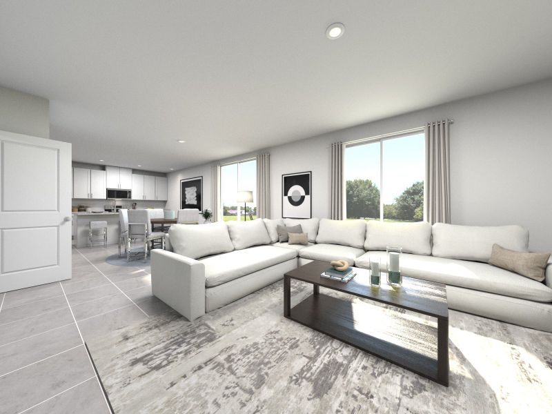 Rendering of the Marigold Floorplan Great Room. Rendering of the Marigold Floorplan Great Room.