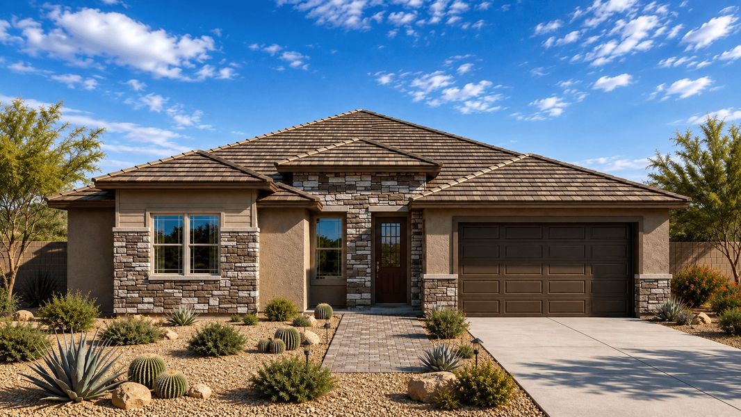 Representative exterior photo of a completed home built from the Cholla by William Ryan Homes in Silver Cross, San Tan Valley, AZ (Image 1). Representative exterior photo of a completed home built from the Cholla by William Ryan Homes in Silver Cross, San Tan Valley, AZ (Image 1).