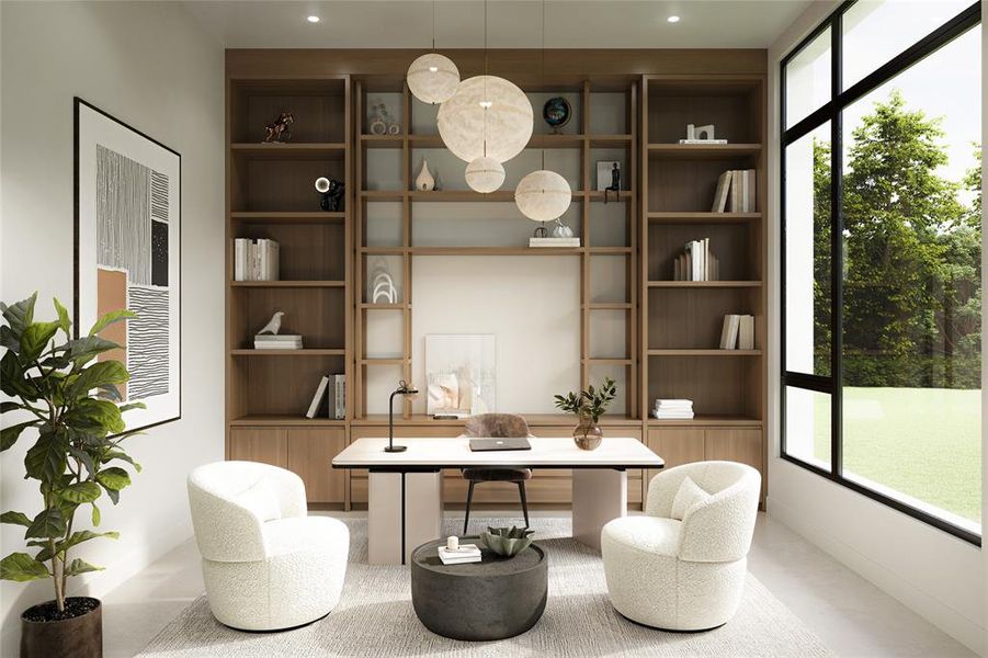Dedicated office space featuring expansive built-in wood-finish shelving, a large window with black framing, and recessed ceiling lighting