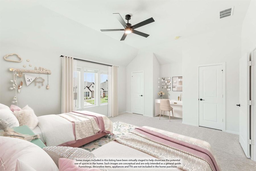 Children's bedroom with vaulted ceiling, ceiling fan, two beds with pink bedding, and a small desk area