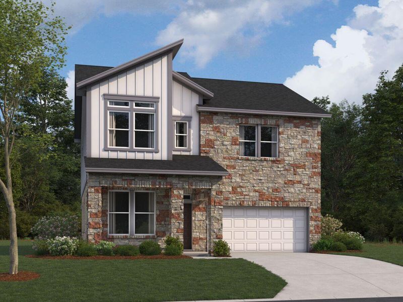Front exterior of a new home in Cedar Brook, Leander, TX, highlighting curb appeal (Image 1). Front exterior of a new home in Cedar Brook, Leander, TX, highlighting curb appeal (Image 1).