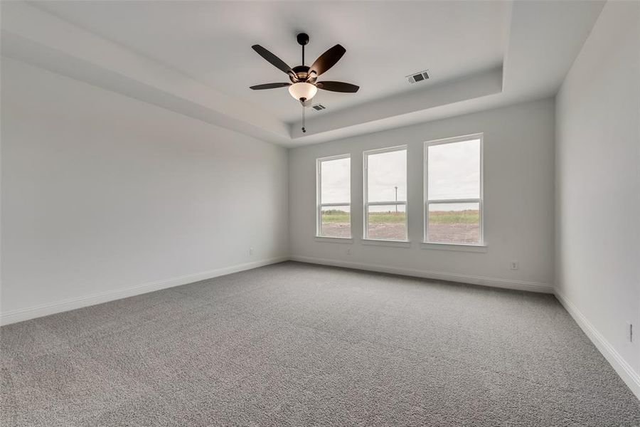 Empty room featuring carpet, ceiling fan, and a raised ceiling